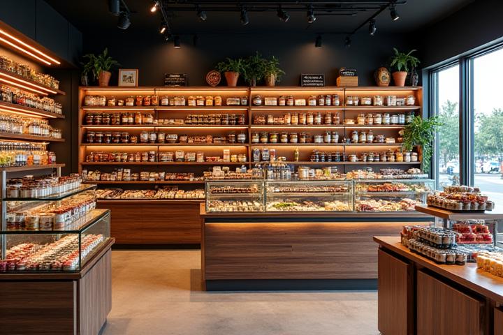 En moderne delikatessebutikk med attraktive utstillinger av gourmetmat, oster og spesialprodukter i hyllene.