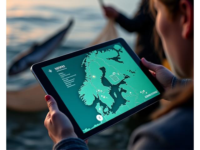 Interaktiv skjerm som viser sporbarhetsdata via QR-kode, med et kart over Norge og symboler for bærekraftssertifiseringer.